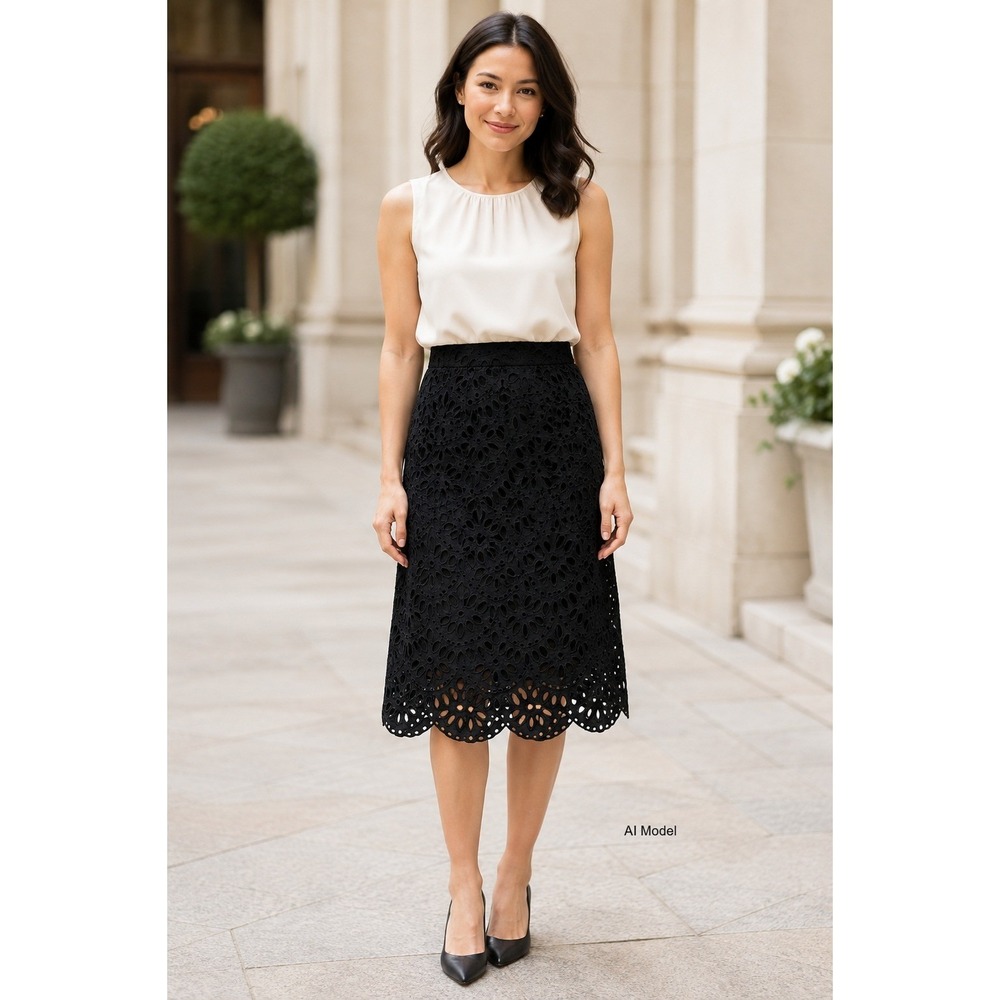 New Ann Taylor Petite Black Eyelet Floral Midi Skirt 6P Scalloped Hem